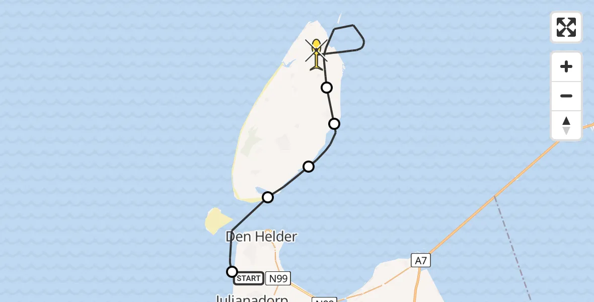 Routekaart van de vlucht: Kustwachthelikopter naar De Cocksdorp, Middenvliet