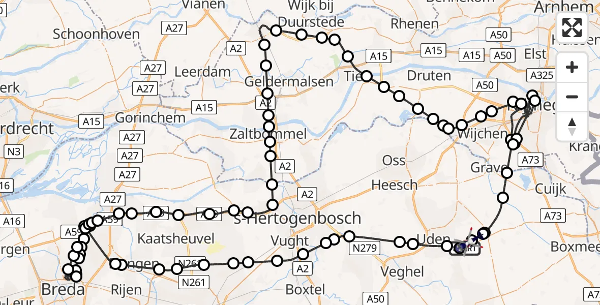 Vluchtroute Politiehelikopter van Vliegbasis Volkel naar Vliegbasis Volkel