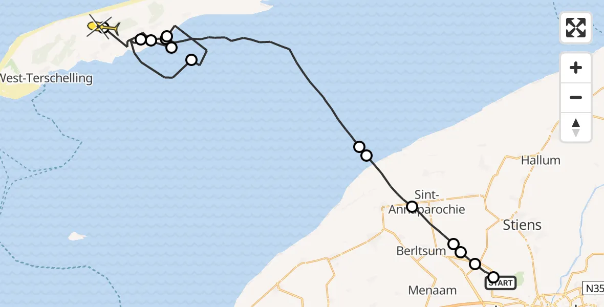 Routekaart van de vlucht: Ambulanceheli naar Midsland, Sirtemawei