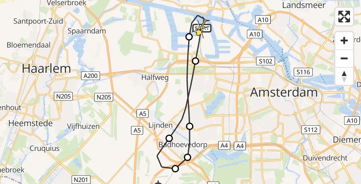 Routekaart van de vlucht: Lifeliner 1 naar Amsterdam Heliport, Nieuw-Zeelandweg