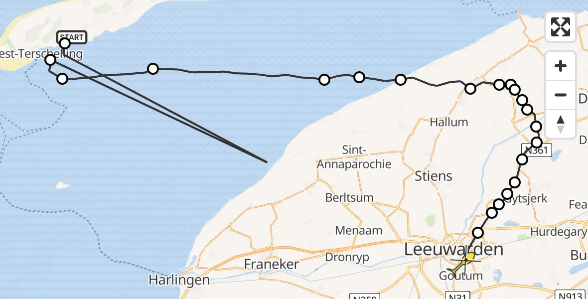 Routekaart van de vlucht: Ambulanceheli naar Leeuwarden, Westerdijk