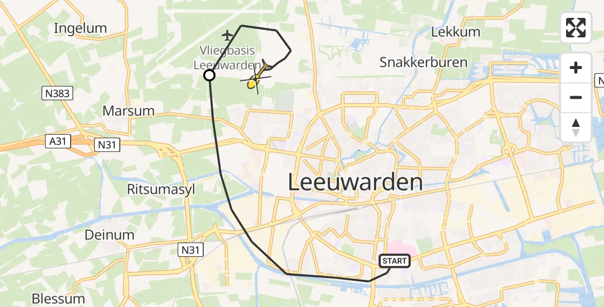 Vluchtroute Ambulancehelikopter van Leeuwarden naar Vliegbasis Leeuwarden