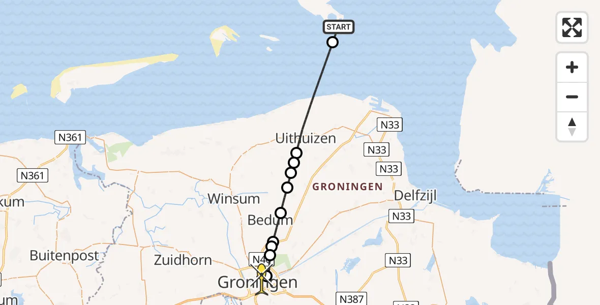 Routekaart van de vlucht: Lifeliner 4 naar Universitair Medisch Centrum Groningen, Poortweg