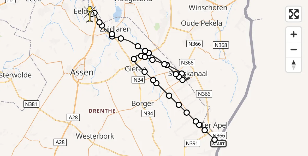 Routekaart van de vlucht: Lifeliner 4 naar Groningen Airport Eelde, De Zuidelijke Vennen