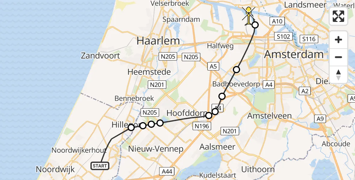 Routekaart van de vlucht: Lifeliner 1 naar Amsterdam Heliport, Keukenhofbosch