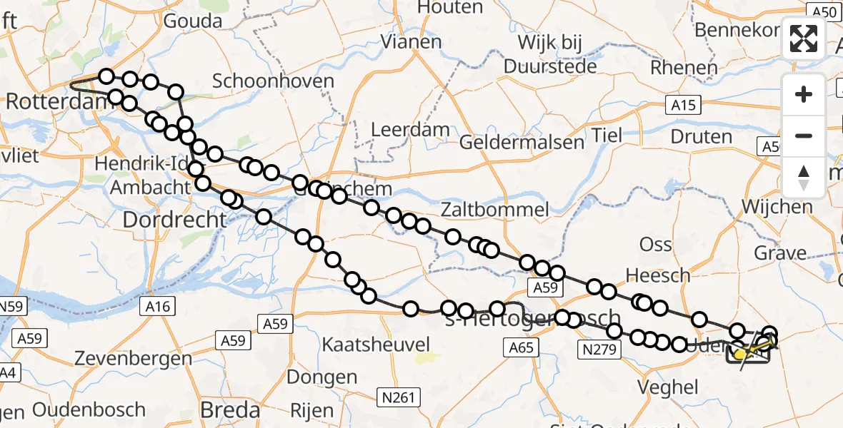 Routekaart van de vlucht: Politieheli naar Vliegbasis Volkel, Kromstraat