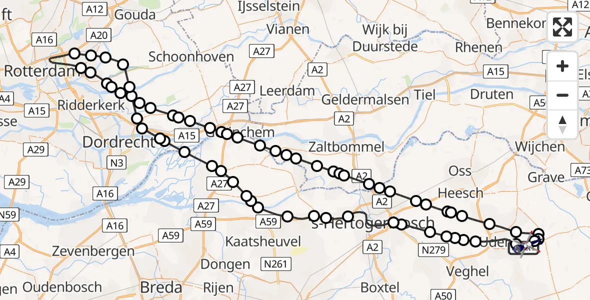 Vluchtroute Politiehelikopter van Vliegbasis Volkel naar Vliegbasis Volkel