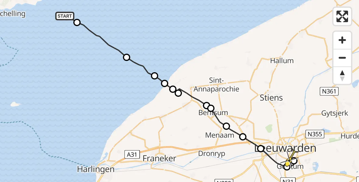 Routekaart van de vlucht: Ambulanceheli naar Leeuwarden, Borniastraat