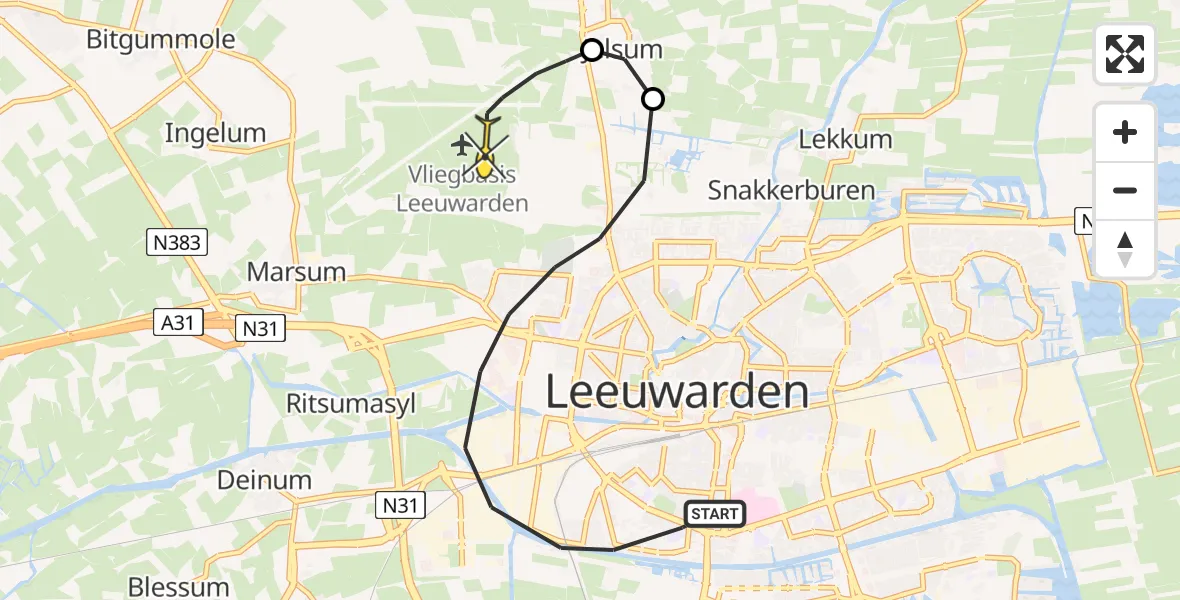 Vluchtroute Ambulancehelikopter van Leeuwarden naar Vliegbasis Leeuwarden