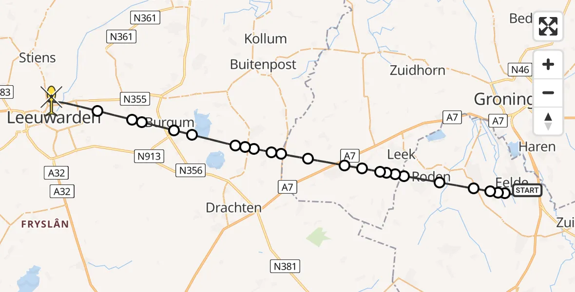 Routekaart van de vlucht: Lifeliner 4 naar Leeuwarden, Lugtenbergerweg