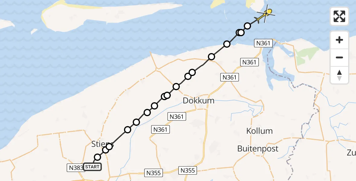 Routekaart van de vlucht: Ambulanceheli naar Schiermonnikoog, Nijlânsdyk