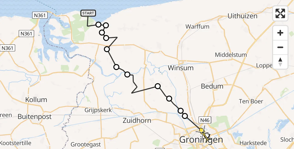 Routekaart van de vlucht: Ambulanceheli naar Universitair Medisch Centrum Groningen, Haringvliet