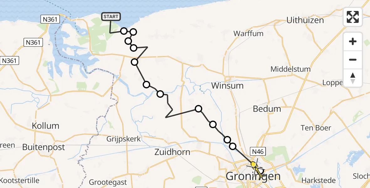Routekaart van de vlucht: Ambulancehelikopter naar Universitair Medisch Centrum Groningen, Haringvliet