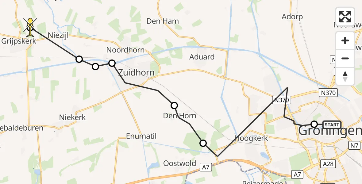 Routekaart van de vlucht: Ambulancehelikopter naar Grijpskerk, Graaf Adolfstraat