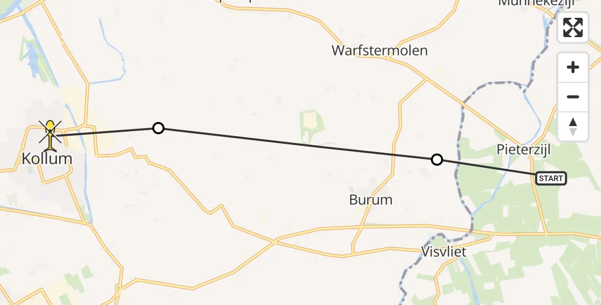 Routekaart van de vlucht: Ambulanceheli naar Kollum, van Eysingaweg