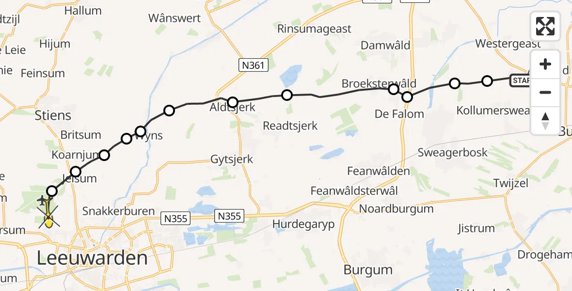 Routekaart van de vlucht: Ambulanceheli naar Vliegbasis Leeuwarden, Eastbroeksterwei