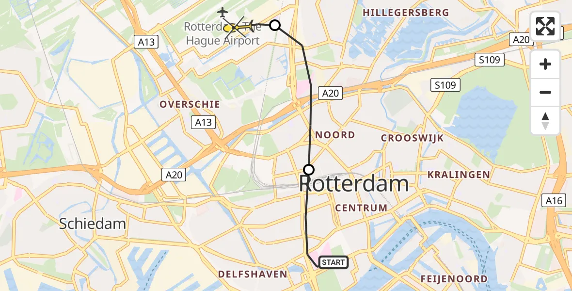 Routekaart van de vlucht: Lifeliner 2 naar Rotterdam The Hague Airport, 's-Gravendijkwal