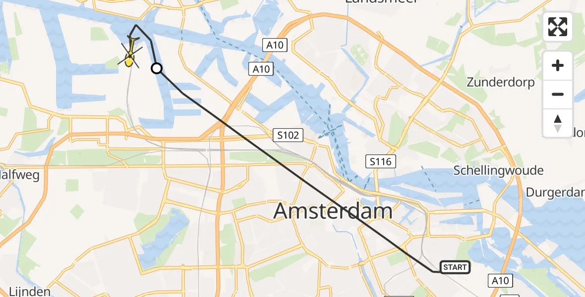 Routekaart van de vlucht: Lifeliner 1 naar Amsterdam Heliport, Linnaeusstraat