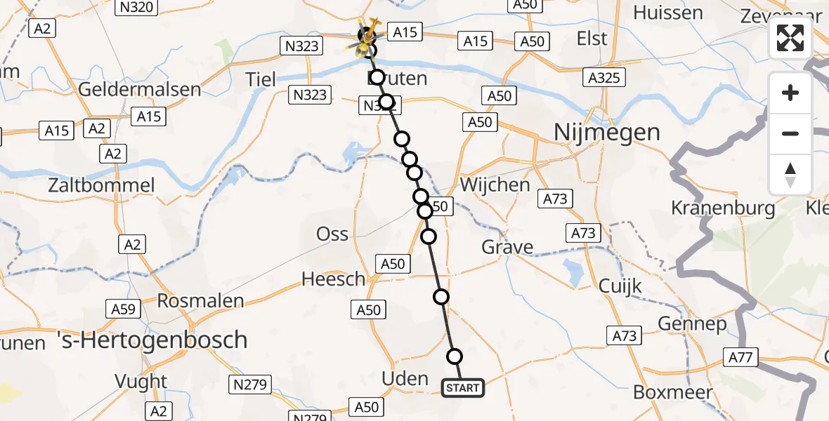 Vluchtroute Traumahelikopter van Vliegbasis Volkel naar 