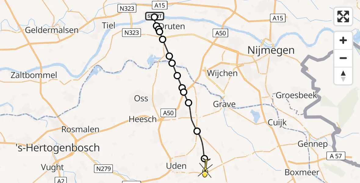 Routekaart van de vlucht: Lifeliner 3 naar Vliegbasis Volkel, Noord-Zuidweg