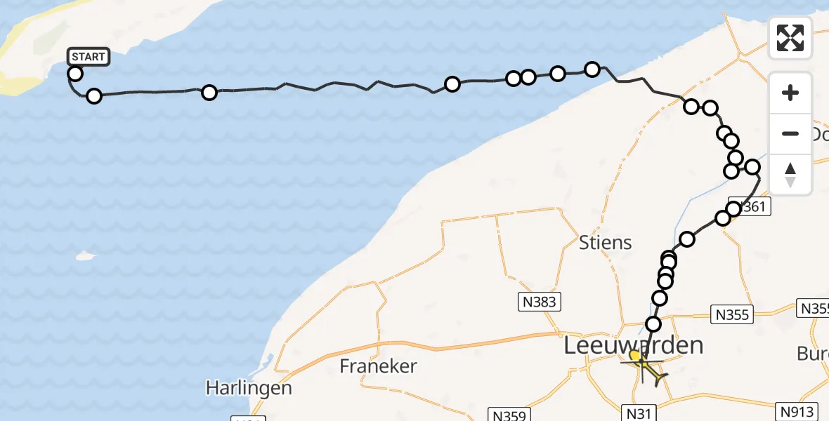 Routekaart van de vlucht: Ambulanceheli naar Leeuwarden, De Vleugel