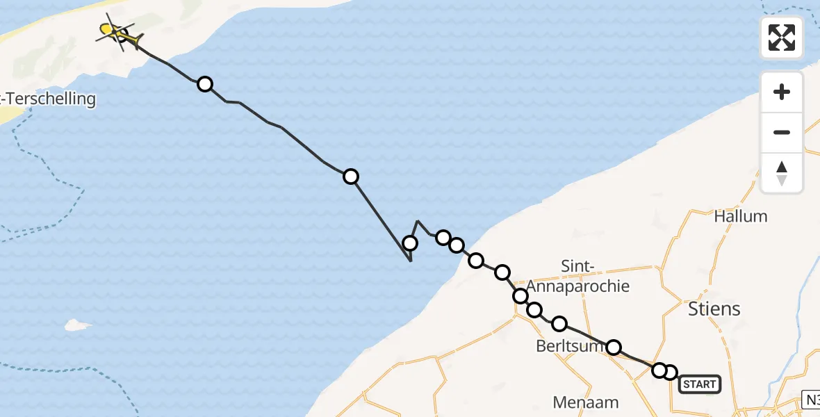 Routekaart van de vlucht: Ambulancehelikopter naar Midsland, Sirtemawei