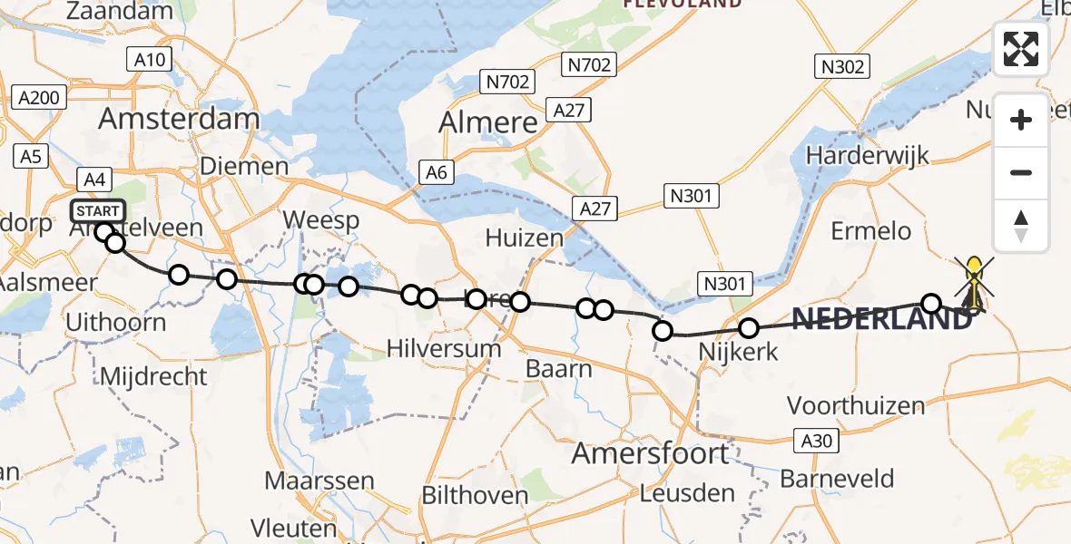 Routekaart van de vlucht: Politieheli naar Ermelo, Fokkerweg