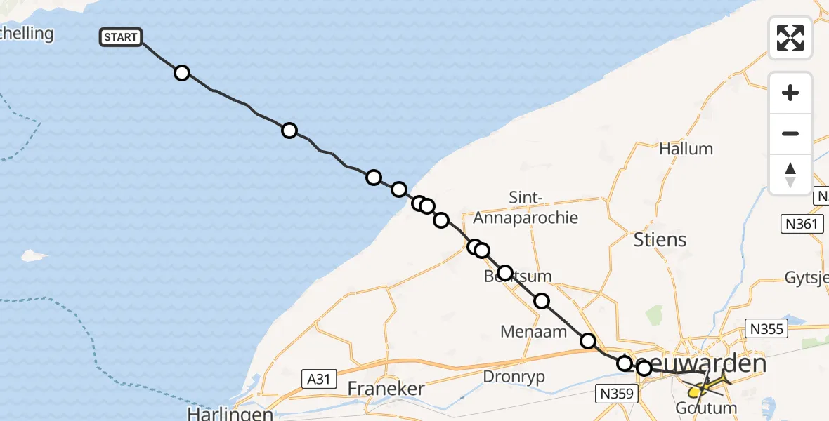 Routekaart van de vlucht: Ambulanceheli naar Leeuwarden, Borniastraat