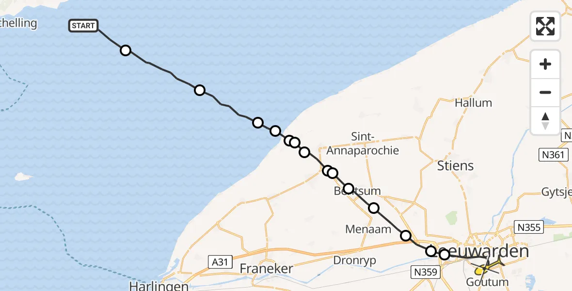 Routekaart van de vlucht: Ambulancehelikopter naar Leeuwarden, Borniastraat