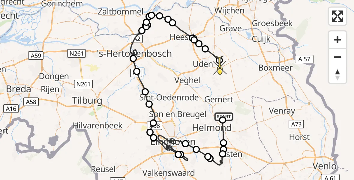 Routekaart van de vlucht: Politieheli naar Vliegbasis Volkel, Heikantse Beemd