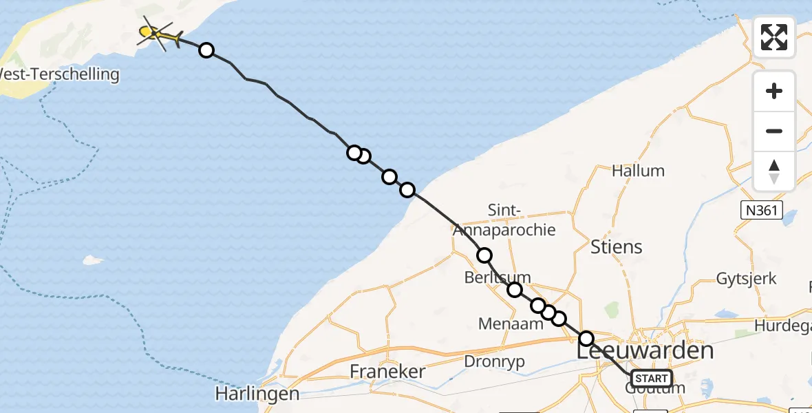 Routekaart van de vlucht: Ambulanceheli naar Formerum, Nijlânsdyk