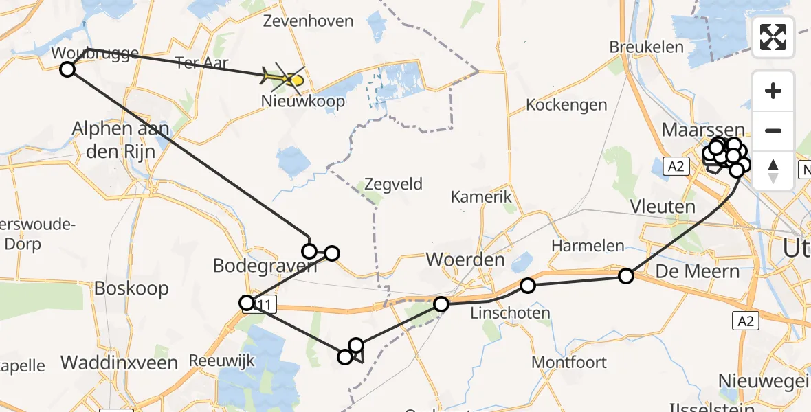 Routekaart van de vlucht: Politieheli naar Nieuwkoop, Niels Bohrweg