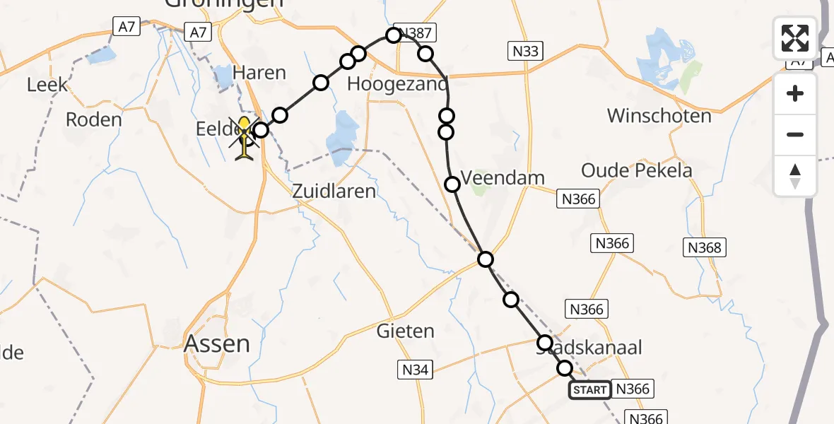 Routekaart van de vlucht: Lifeliner 4 naar Groningen Airport Eelde, Ratelaar