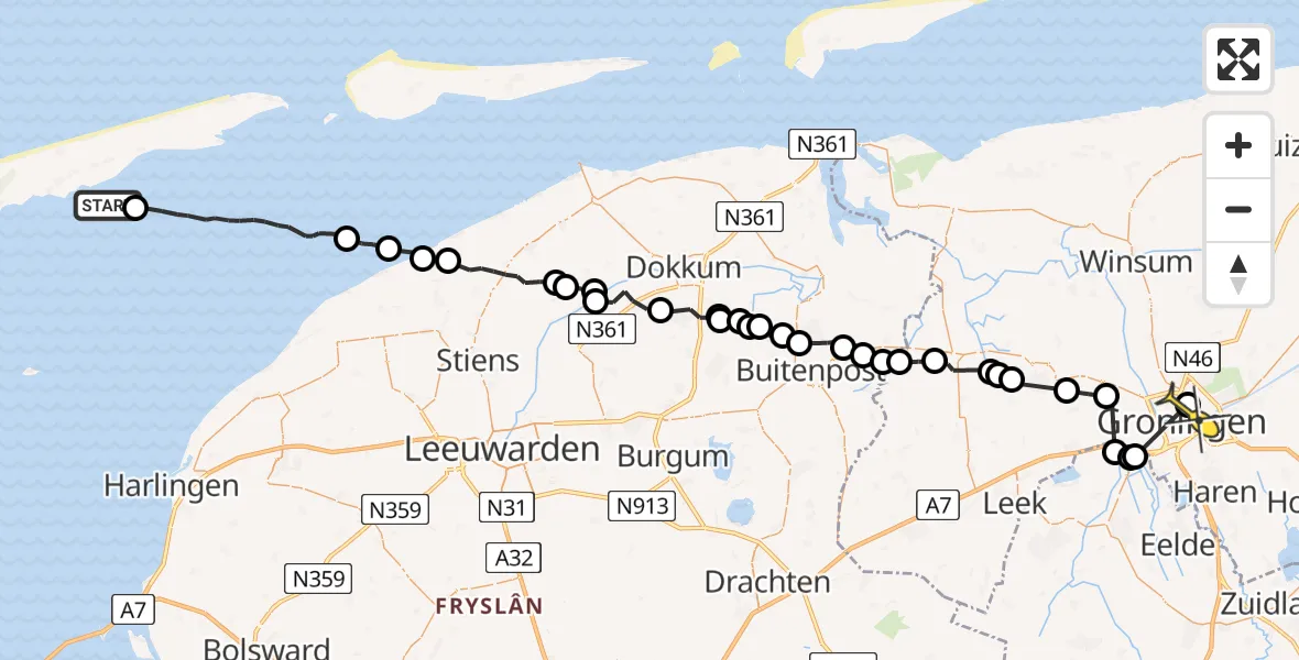 Routekaart van de vlucht: Ambulanceheli naar Universitair Medisch Centrum Groningen, H.A. Kooykerplein
