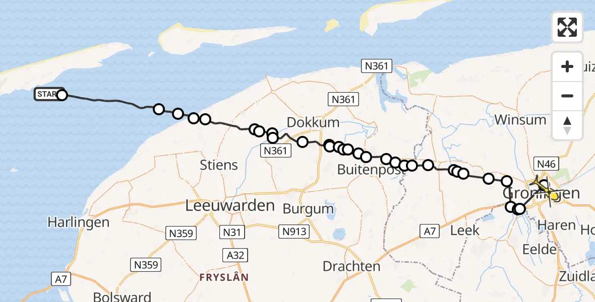Routekaart van de vlucht: Ambulancehelikopter naar Universitair Medisch Centrum Groningen, H.A. Kooykerplein
