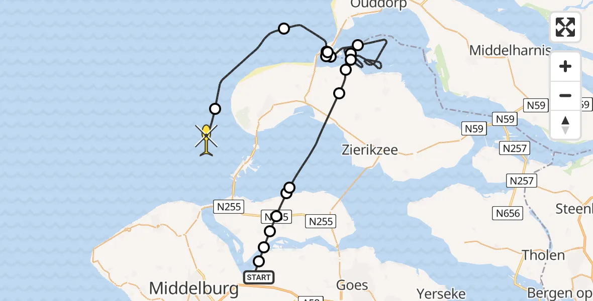 Routekaart van de vlucht: Kustwachthelikopter naar Burgh-Haamstede, De Omloop