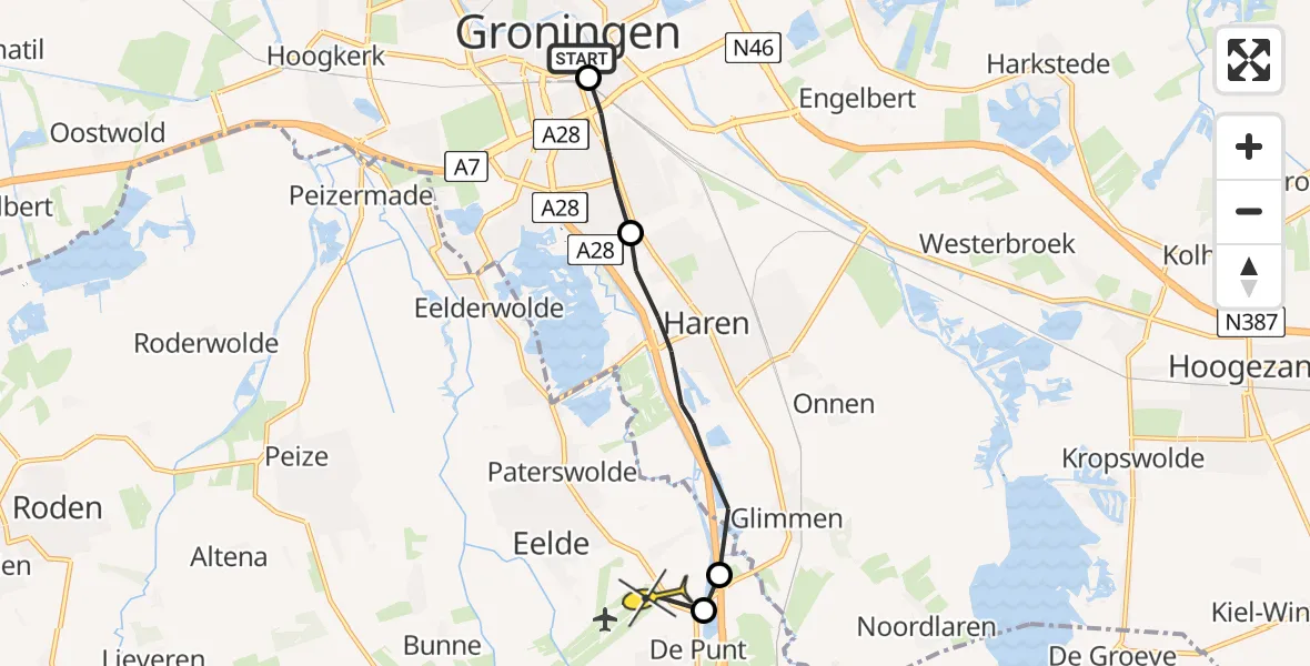 Vluchtroute Ambulancehelikopter van Universitair Medisch Centrum Groningen naar Groningen Airport Eelde