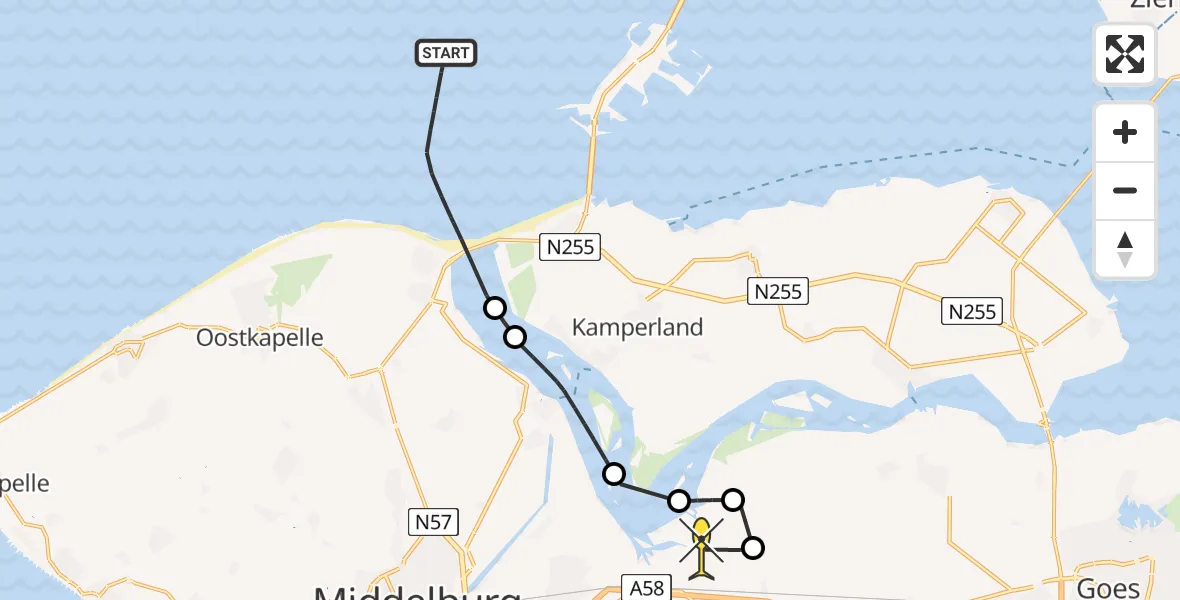 Routekaart van de vlucht: Kustwachthelikopter naar Vliegveld Midden-Zeeland, Calandweg