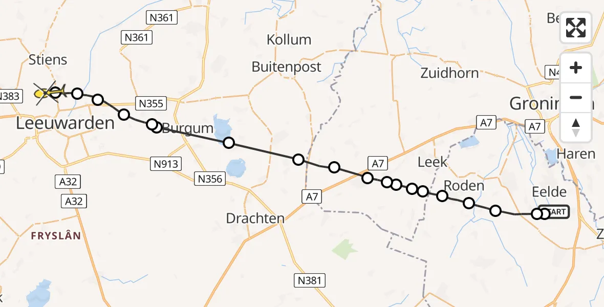 Routekaart van de vlucht: Ambulanceheli naar Vliegbasis Leeuwarden, Eekhoornstraat