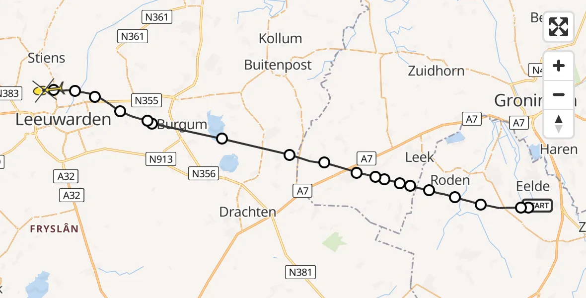 Vluchtroute Ambulancehelikopter van Groningen Airport Eelde naar Vliegbasis Leeuwarden