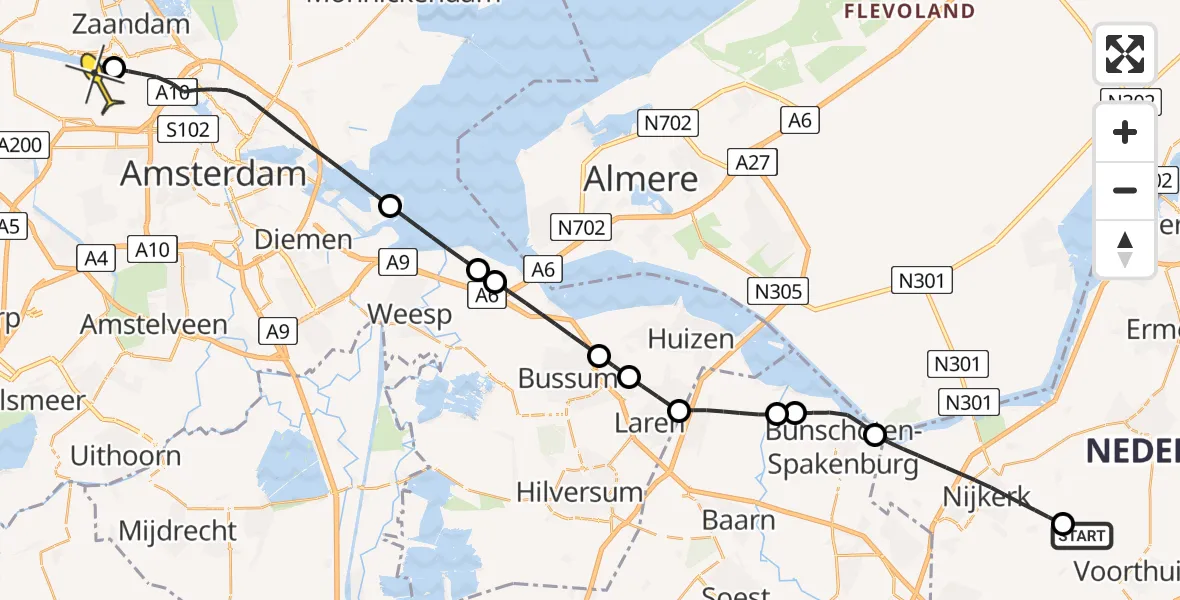 Routekaart van de vlucht: Lifeliner 1 naar Amsterdam Heliport, Eerste Kruishaarseweg