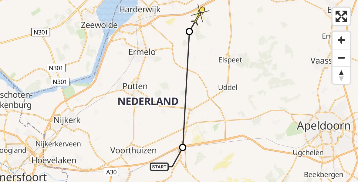 Routekaart van de vlucht: Politiehelikopter naar Hulshorst, Oosterbrinkweg