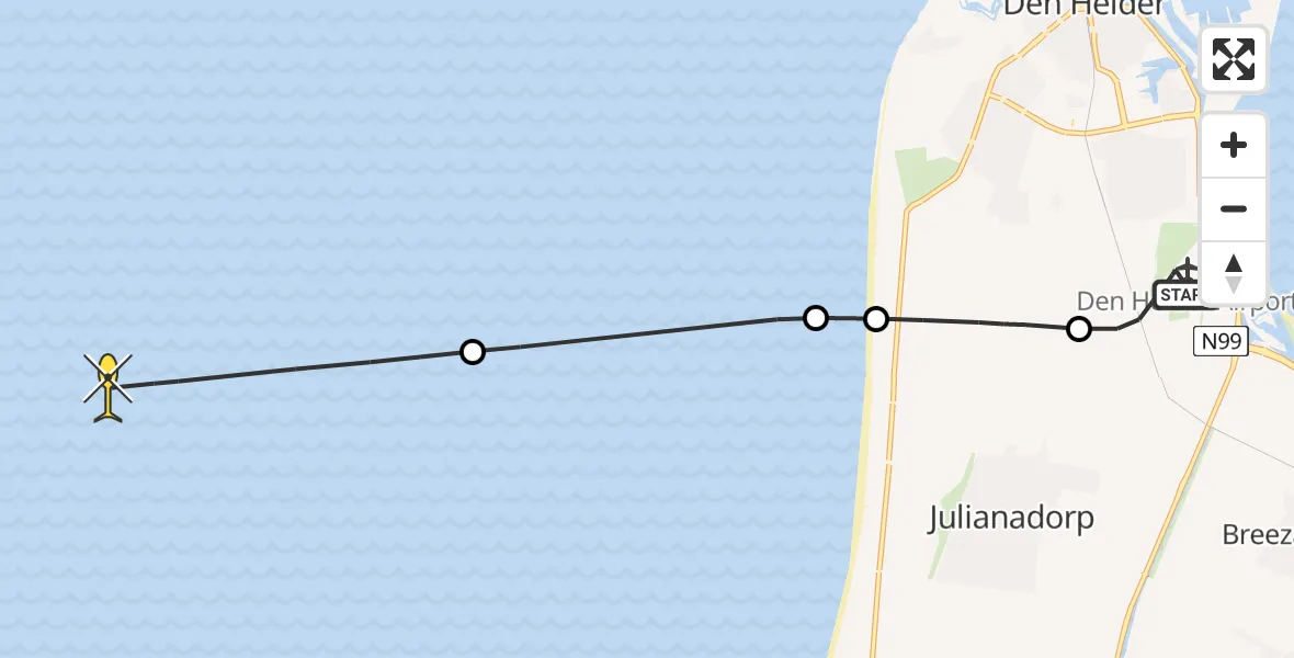 Routekaart van de vlucht: Kustwachthelikopter naar Hendrika's hoeve