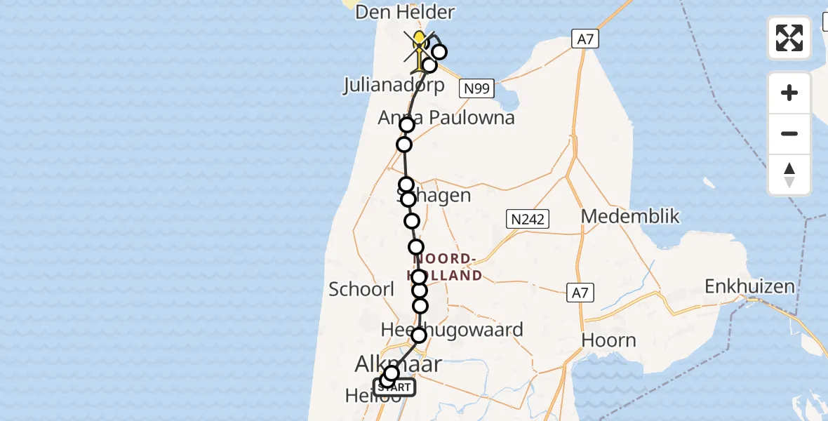 Routekaart van de vlucht: Kustwachthelikopter naar Vliegveld De Kooy, Heilooër Tolweg