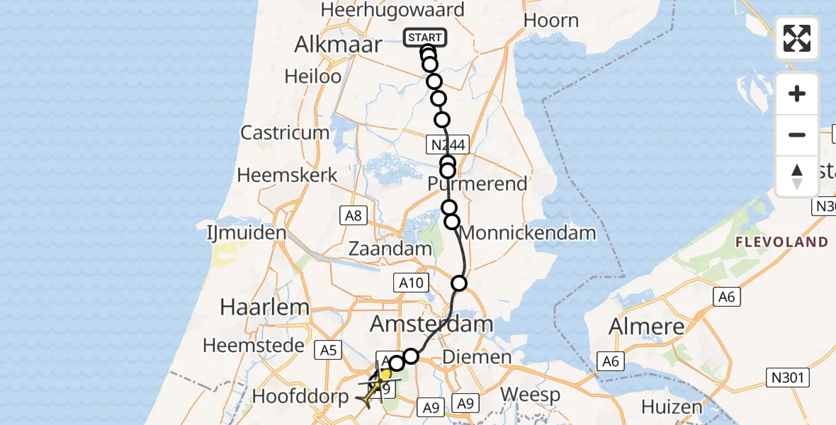 Routekaart van de vlucht: Politieheli naar Schiphol, Schermerdijk