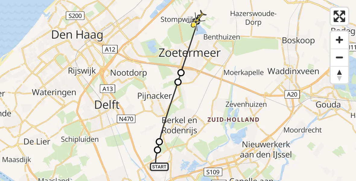 Routekaart van de vlucht: Lifeliner 2 naar Zoeterwoude, Singerstraat