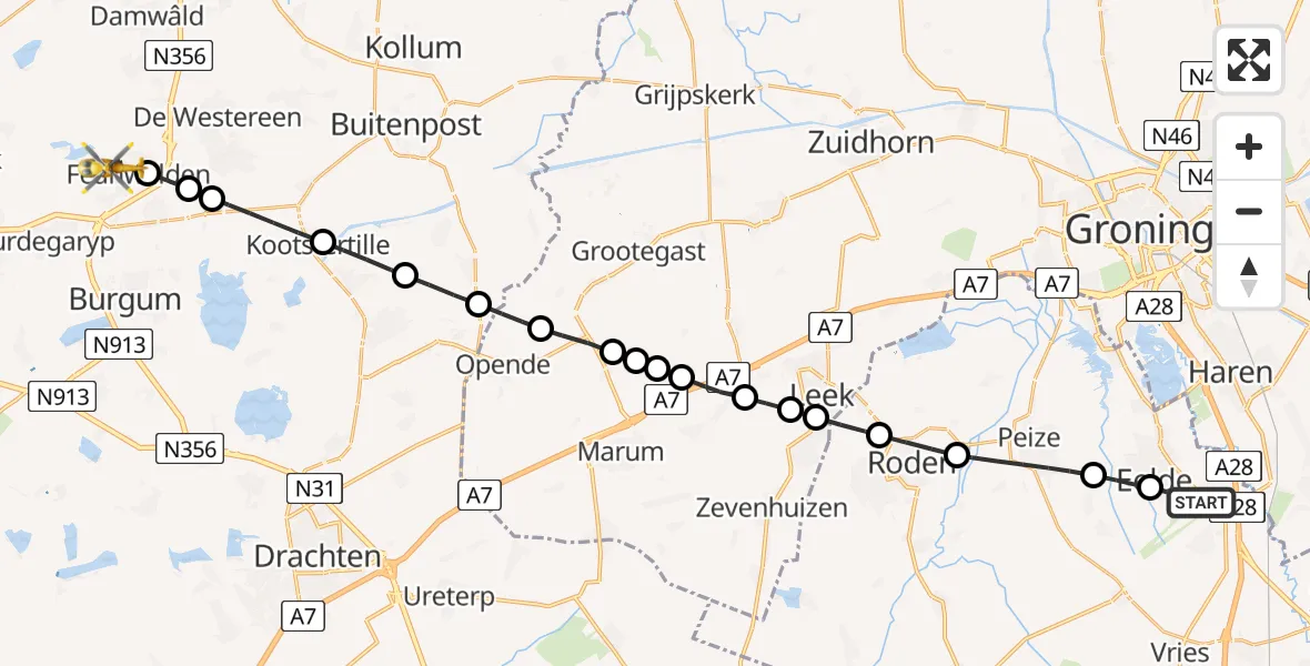 Vluchtroute Traumahelikopter Groningen Airport Eelde - Feanwâlden, 25 augustus 2024, 11:36