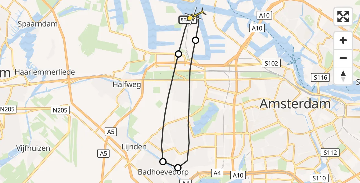 Routekaart van de vlucht: Lifeliner 1 naar Amsterdam Heliport, Nieuw-Zeelandweg