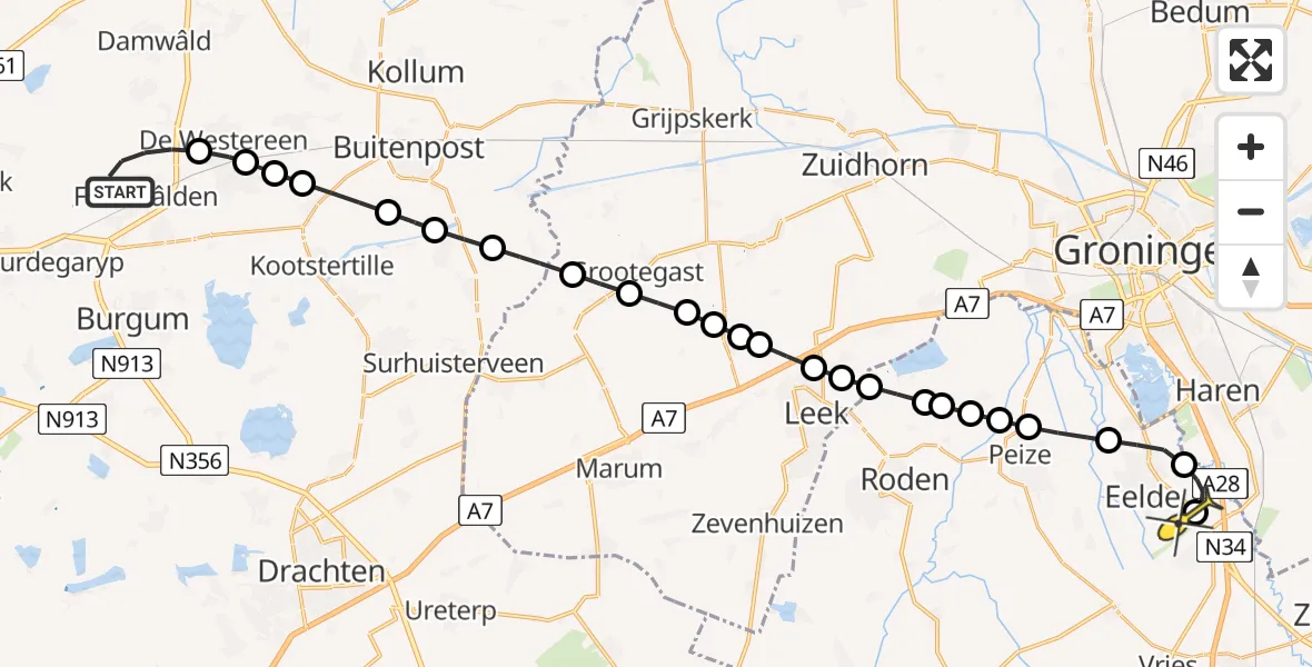 Routekaart van de vlucht: Lifeliner 4 naar Groningen Airport Eelde, Bûtefjild