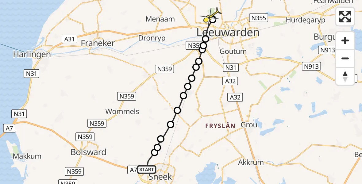 Routekaart van de vlucht: Ambulanceheli naar Vliegbasis Leeuwarden, Ivige Leane